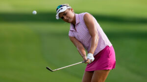 Lexi Thompson chips to the green on the first hole during the first round of the Chevron Championship LPGA golf tournament Thursday, April 23, 2026, in Houston. (Ashley Landis/AP)
