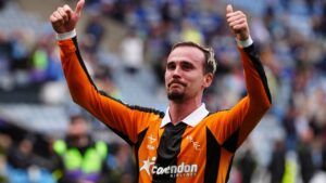 Hull City's Liam Millar celebrates after scoring his side's first goal during the English Premier League soccer match between Coventry City and Hull City in Coventry, England, Saturday Aug. 29, 2026. (David Davies/PA via AP)