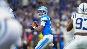 Detroit Lions quarterback Josh Dobbs (6) throws against the Indianapolis Colts during the second half of a preseason NFL football game in Indianapolis, Saturday, Aug. 29, 2026. (AJ Mast/AP)
