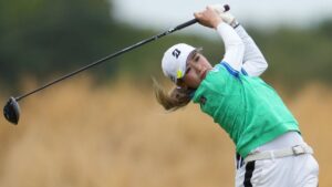 Shiho Kuwaki, of Japan, drives off the 3rd tee during the fourth round of the Women's British Open golf championship in Lytham St Annes, England, Sunday, Aug. 2, 2026. (Jon Super/AP)