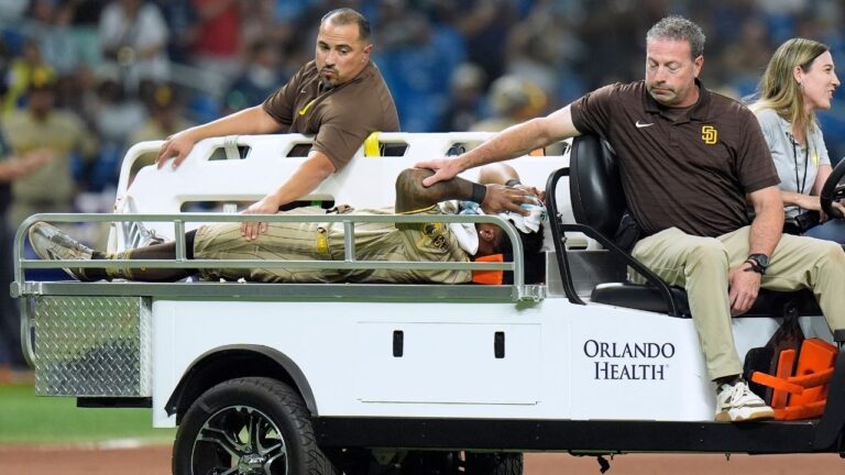 San Diego Padres left fielder Luis Rengifo is carted off the field after getting injured during the seventh inning of a baseball game against the Tampa Bay Rays Saturday, Aug. 29, 2026, in St. Petersburg, Fla. (Chris O'Meara/AP)