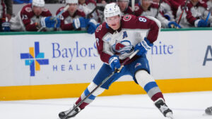 Colorado Avalanche defenceman Cale Makar skates with the puck against the Dallas Stars during the second period of an NHL hockey game Friday, March 6, 2026, in Dallas. (Julio Cortez/AP)