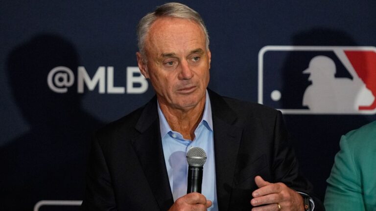 Commissioner of Major League Baseball Rob Manfred answers questions during a news conference at the MLB winter meetings, Dec. 8, 2025, in Orlando, Fla. (John Raoux/AP)