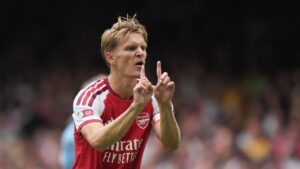 Arsenal's Martin Odegaard reacts during the FA Community Shield final soccer match between Arsenal and Manchester City in Cardiff, Wales, Sunday, Aug.16, 2026. (Alastair Grant/AP)