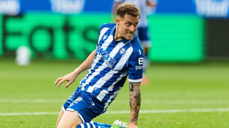 Deportivo Alavés player Toni Martinez reacts during a Spanish La Liga soccer match against Getafe at Mendizorrotza Stadium in Vitoria, Spain, Saturday, Aug. 15, 2026. (Pablo Garcia/AP)