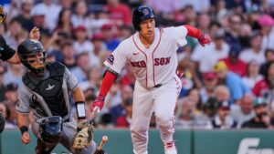 Boston Red Sox's Masataka Yoshida grounds out during the first inning of a baseball game against the Chicago White Sox, Wednesday, Aug. 5, 2026, in Boston. (Charles Krupa/AP)