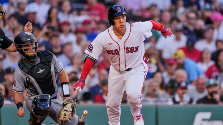 Boston Red Sox's Masataka Yoshida grounds out during the first inning of a baseball game against the Chicago White Sox, Wednesday, Aug. 5, 2026, in Boston. (Charles Krupa/AP)