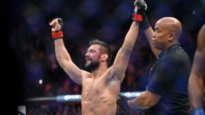 Mateusz Gamrot reacts after being declared the winner over Jalin Turner with a split decision in a UFC 285 mixed martial arts lightweight bout Saturday, March 4, 2023, in Las Vegas. (David Becker/AP)