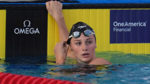 Summer McIntosh, of Canada, looks on after the women's 400 meters freestlye final at the Pan Pacific Swimming Championships Friday, Aug. 14, 2026 in Irvine, Calif. (Gregory Bull/AP)