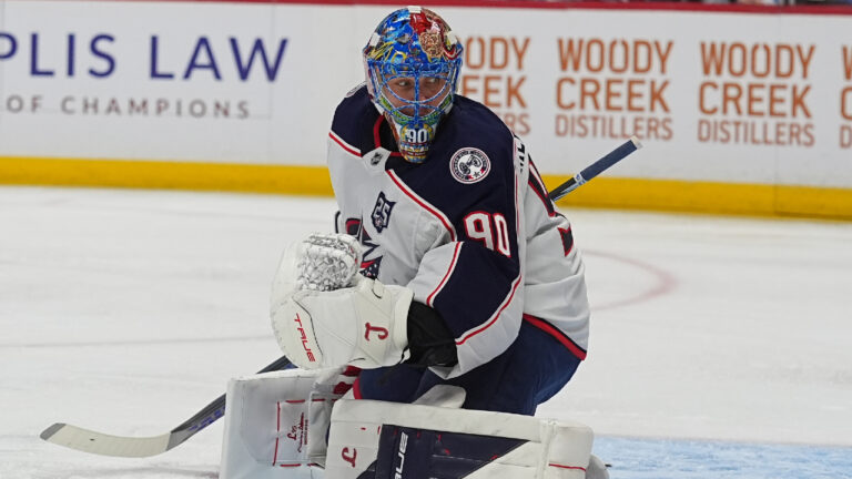 Columbus Blue Jackets goaltender Elvis Merzlikins (90) in the first period of an NHL hockey game Saturday, Jan. 10, 2026, in Denver. (David Zalubowski/AP)