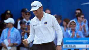 Michael Brennan reacts after winning the Wyndham Championship golf tournament in Greensboro, N.C., Sunday, Aug. 9, 2026. (Chuck Burton/AP)