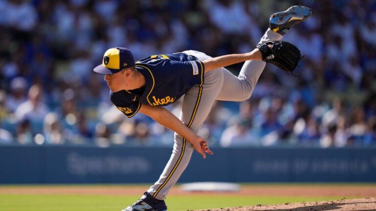 Milwaukee Brewers starting pitcher Jacob Misiorowski throws to the plate during the first inning of a baseball game against the Los Angeles Dodgers, Saturday, Aug. 15, 2026, in Los Angeles. (Mark J. Terrill/AP)