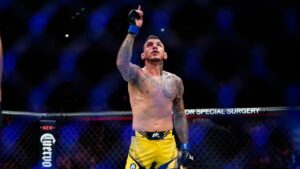 Brazil's Renato Moicano celebrates after a lightweight bout against New Zealand's Brad Riddell at the UFC 281 mixed martial arts event, Saturday, Nov. 12, 2022, in New York. Moicano stopped Riddell in the first round. (Frank Franklin II/AP)