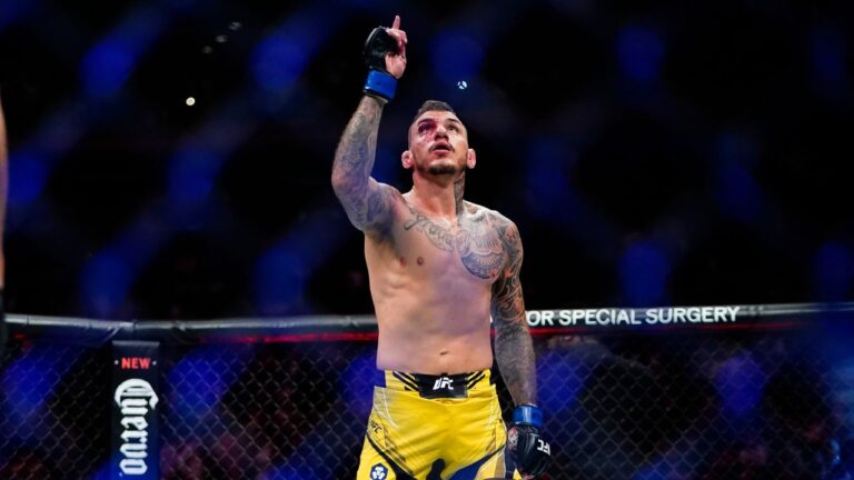 Brazil's Renato Moicano celebrates after a lightweight bout against New Zealand's Brad Riddell at the UFC 281 mixed martial arts event, Saturday, Nov. 12, 2022, in New York. Moicano stopped Riddell in the first round. (Frank Franklin II/AP)