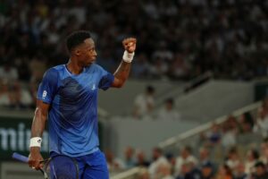 Gael Monfils of France reacts as he plays against Hugo Gaston of France during their first round men's singles tennis match at the French Open tennis tournament in Paris, Monday, May 25, 2026. (Aurelien Morissard/AP)