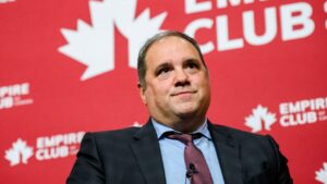 Victor Montagliani, president of CONCACAF and vice-president of FIFA, speaks during a fireside chat in Toronto on Thursday, February 1, 2024. (Christopher Katsarov/THE CANADIAN PRESS)