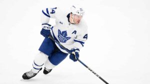 Toronto Maple Leafs defenseman Morgan Rielly (44) in action during overtime of an NHL hockey game against the Washington Capitals. (Nick Wass/AP)