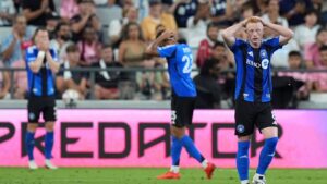 CF Montreal midfielder Matthew Longstaff, right, and teammates react after an unsuccessful scoring drive during the second half of an MLS soccer match against Inter Miami, Saturday, Aug. 29, 2026, in Miami. (Rebecca Blackwell/AP)