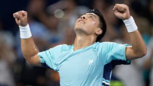 Brandon Nakashima of the United States celebrates his win over Rafael Jodar of Spain during semifinal tennis action at the National Bank Open in Montreal on Wednesday, Aug. 12, 2026. (Christinne Muschi/THE CANADIAN PRESS)