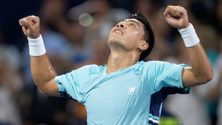 Brandon Nakashima of the United States celebrates his win over Rafael Jodar of Spain during semifinal tennis action at the National Bank Open in Montreal on Wednesday, Aug. 12, 2026. (Christinne Muschi/THE CANADIAN PRESS)