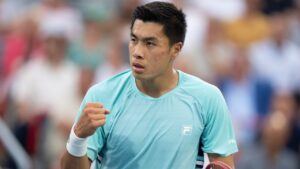 Brandon Nakashima of the United States reacts during his match against Rafael Jodar of Spain during semifinal tennis action at the National Bank Open in Montreal on Wednesday, Aug. 12, 2026. (Christinne Muschi/THE CANADIAN PRESS)