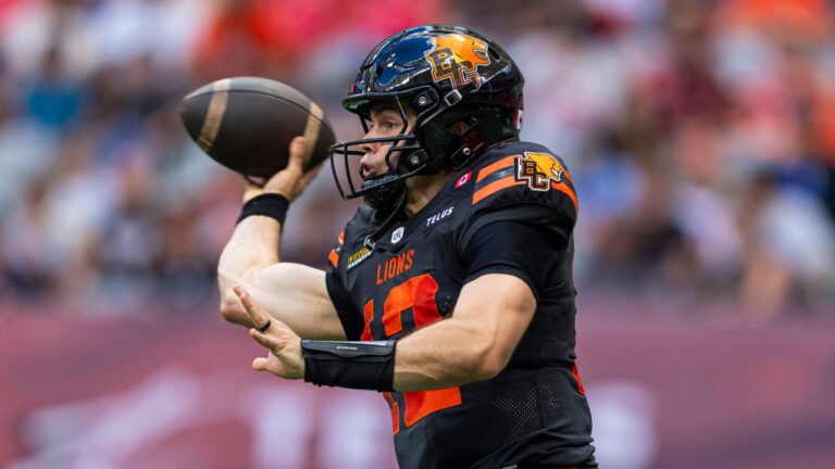 B.C. Lions quarterback Nathan Rourke throws a pass against the Hamilton Tiger-Cats during first half of CFL football action in Vancouver on Saturday, August 8, 2026. (Rich Lam/CP)