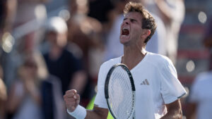 Rafael Jodar of Spain celebrates his win over Arthur Fils of France during quarterfinal tennis action at the National Bank Open in Montreal on Tuesday, Aug. 11, 2026. (Christinne Muschi/CP)