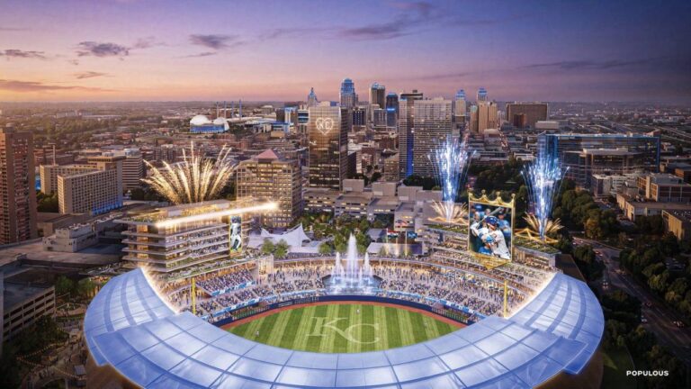 This artist's rendering provided by Populous and the Kansas City Royals on April 22, 2026, shows a rendition of the Royals' new baseball stadium to be constructed in downtown Kansas City, Mo. (Populous/Kansas City Royals via AP)