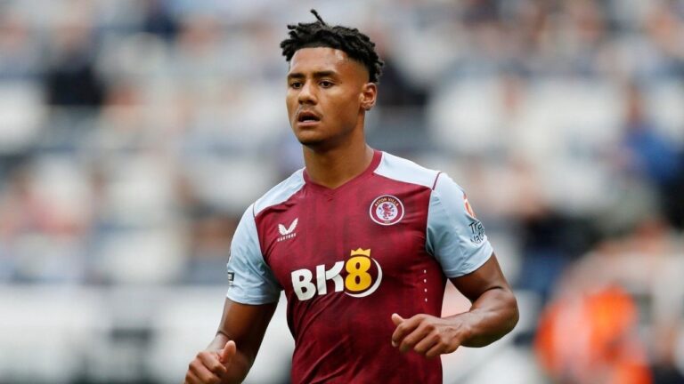 Aston Villa's Ollie Watkins in action during the English Premier League soccer match between Newcastle and Aston Villa at St. James' Park in Newcastle, England, Aug. 12, 2023. (Steve Luciano/AP)
