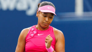 Naomi Osaka of Japan reacts during her match against Leylah Fernandez of Canada during round of 16 National Bank Open Tennis action in Toronto, on Sunday, Aug. 9, 2026. (Keito Newman/CP)