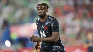 Canada forward Promise David (24) runs to the play during an international friendly soccer match against Ireland in Montreal, Friday, June 5, 2026. (Gary McCullough/AP)