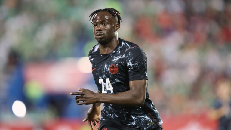 Canada forward Promise David (24) runs to the play during an international friendly soccer match against Ireland in Montreal, Friday, June 5, 2026. (Gary McCullough/AP)