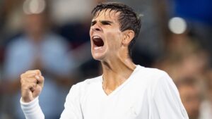Rafael Jodar of Spain celebrates his win over Jiri Lehecka of Czechia during Round of 16 tennis action at the National Bank Open in Montreal on Saturday, Aug. 8, 2026. (Christinne Muschi/CP)