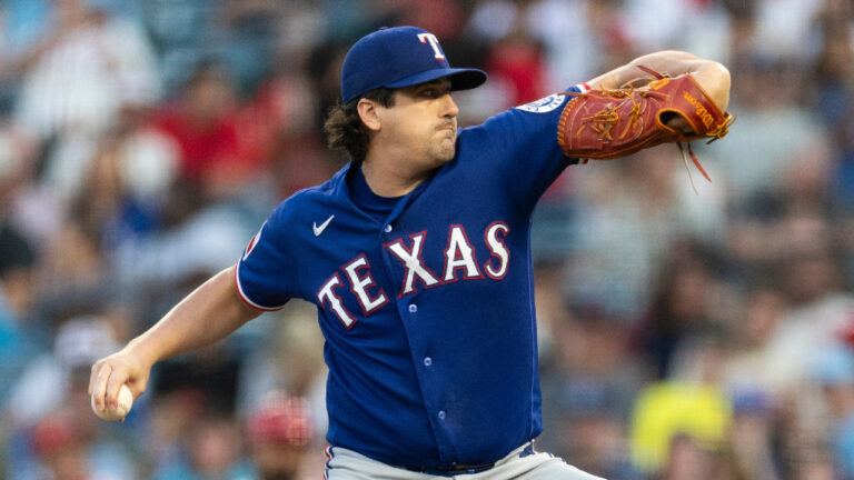 Texas Rangers starting pitcher Cal Quantrill works against a Los Angeles Angels batter in the first inning of a baseball game Wednesday, Aug. 12, 2026, in Anaheim, Calif. (Karl Anderson/AP)