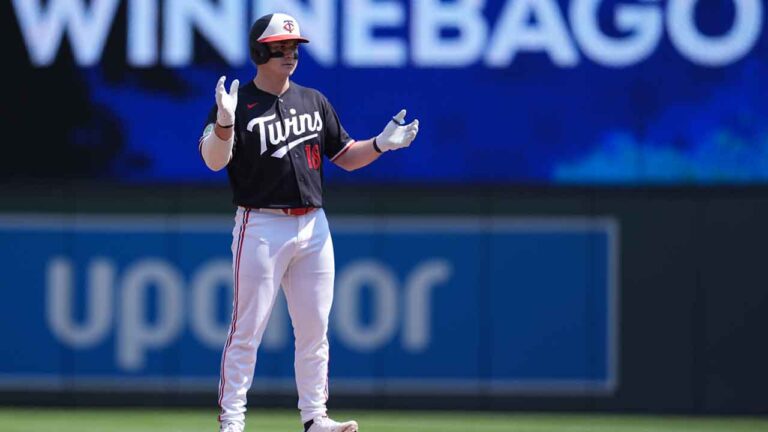 Minnesota Twins' Alan Roden (18) celebrates after hitting an RBI-double during the third inning of a baseball game against the Baltimore Orioles. (Abbie Parr/AP)