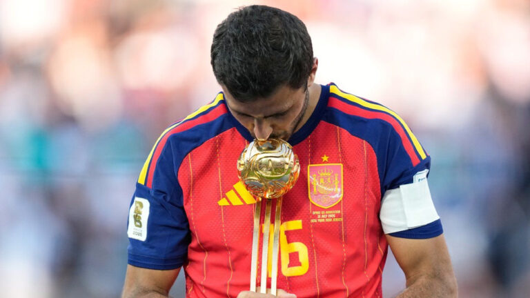 Spain's Rodri poses with the tournament's best player award at the end of the World Cup final soccer match between Spain and Argentina in East Rutherford, N.J., near New York, Sunday, July 19, 2026. (Ashley Landis/AP)