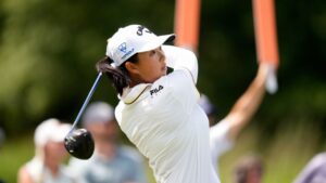 Ruoning Yin, of China, hits the 13th tee during the first round of the LPGA FM Championship golf tournament in Norton, Mass., Thursday, Aug. 27, 2026. (Charles Krupa/AP)