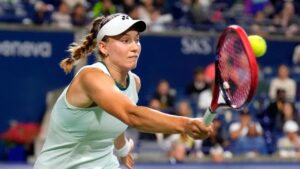 Kazakhstan's Elena Rybakina hits a forehand against USA's Coco Gauff during National Bank Open semi final tennis action in Toronto on Wednesday, August 12, 2026. (Chris Young/THE CANADIAN PRESS)