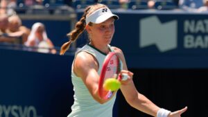 Kazakhstan's Elena Rybakina hits a return to Australia's Daria Kasatkina during National Bank Open action in Toronto on Wednesday, August 5, 2026. (Chris Young/THE CANADIAN PRESS)