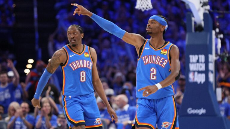 Oklahoma City Thunder guard Shai Gilgeous-Alexander (2) points near guard Jalen Williams (8) during the second half in Game 1 of a first-round NBA playoffs basketball series against the Phoenix Suns, Sunday, April 19, 2026, in Oklahoma City. (Nate Billings/AP)