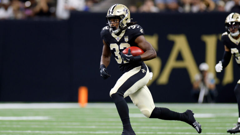 New Orleans Saints running back Ty Chandler (32) runs the ball during an NFL preseason football game against the Jacksonville Jaguars in New Orleans, Saturday, Aug. 15, 2026. (Tyler Kaufman/AP)