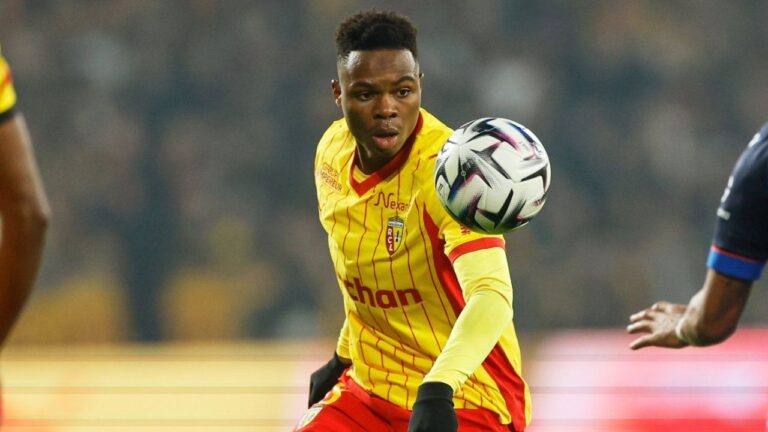 Lens' Mamadou Sangare in action during the French League One soccer match between Lens and Auxerre in Lens, France, Saturday, Jan. 17, 2026. (Jean-Francois Badias/AP)