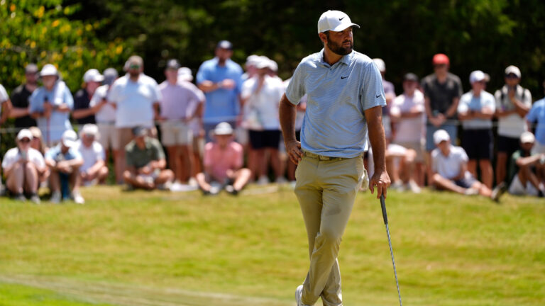 Scottie Scheffler stands on the fourth green during the final round of the St. Jude Championship golf tournament, Sunday, Aug. 16, 2026, in Memphis, Tenn. (George Walker IV/AP)