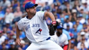 Toronto Blue Jays pitcher Max Scherzer (31) pitches his career 3000th inning against the Boston Red Sox during first inning American League MLB baseball action in Toronto on Thursday, August 13, 2026. (Nathan Denette/CP)