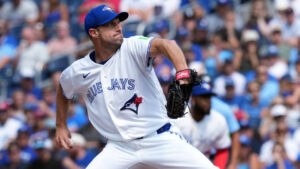 Toronto Blue Jays pitcher Max Scherzer (31) pitches his career 3000th inning against the Boston Red Sox during first inning American League MLB baseball action in Toronto on Thursday, August 13, 2026. (Nathan Denette/CP)