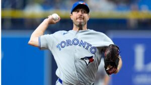 Toronto Blue Jays pitcher Max Scherzer delivers to the Tampa Bay Rays during the first inning of a baseball game Wednesday, Aug. 19, 2026, in St. Petersburg, Fla. (Chris O'Meara/AP Photo)
