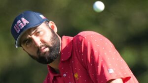 United States team member Scottie Scheffler chips onto the 5th green during their fifth round singles match at the Presidents Cup golf tournament at Royal Montreal Golf Club on Sunday, September 29, 2024 in Montreal. (Frank Gunn/CP)