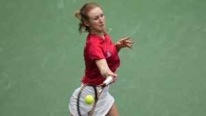 Canada's Katherine Sebov returns to Belgium's Greet Minnen during a Billie Jean King Cup qualifiers singles match, in Vancouver, on Saturday, April 15, 2023. (Darryl Dyck/CP)