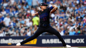 Toronto Blue Jays pitcher Shane Bieber (57) works against the New York Yankees during first inning MLB baseball action in Toronto on Friday, Aug. 14, 2026. (Chris Young/CP)