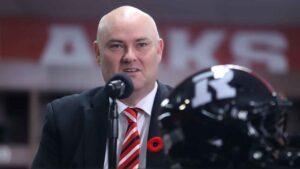 Redblacks vice president of football operations Shawn Burke speaks at a press conference after Ryan Dinwiddie is named as the new head coach and general manager of the Ottawa Redblacks CFL team. (Patrick Doyle/THE CANADIAN PRESS)